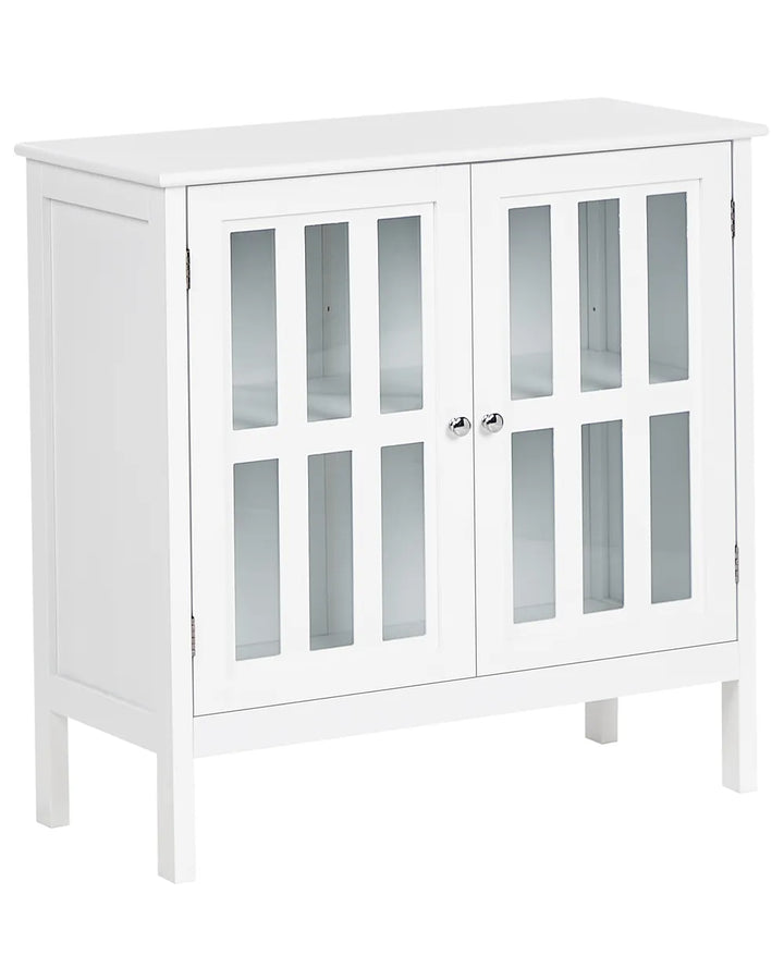 A white wooden storage cabinet with two doors featuring vertical glass panels and small silver knobs, shown on a plain white background.
