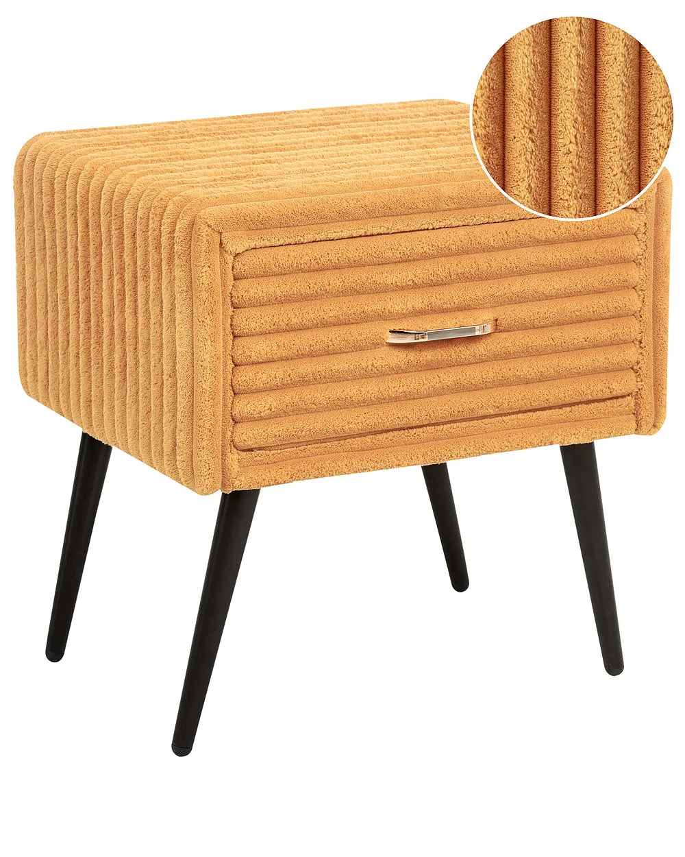 Yellow textured side table with black legs on a white background