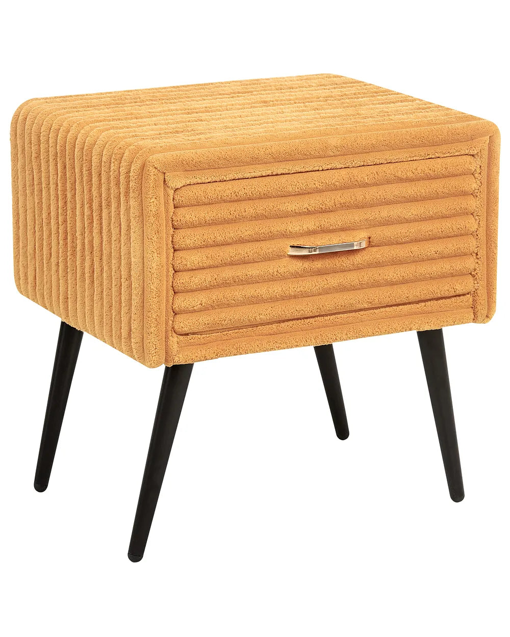 A modern mustard yellow ribbed velvet side table with black tapered legs and a silver metal pull handle, shown on a plain white background.