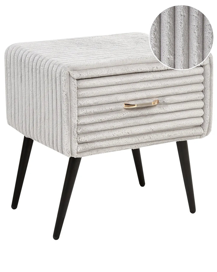 Gray textured side table with black legs on a white background