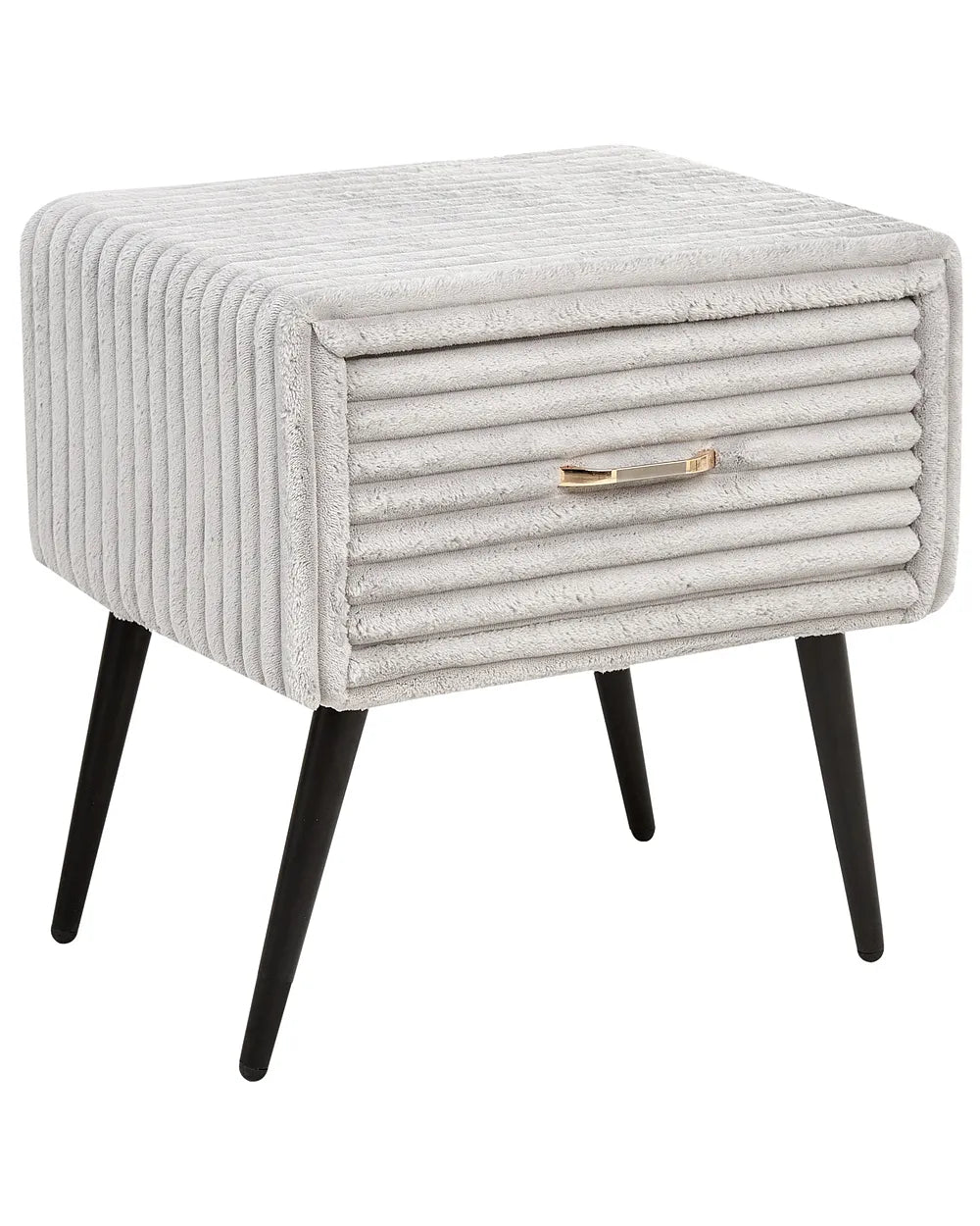 A square upholstered side table or nightstand with a ribbed light gray fabric, black tapered legs, and a small metallic gold drawer pull, shown on a plain white background.