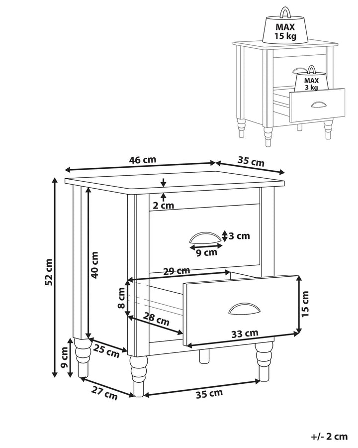 2 Drawer Bedside Table Pine Wood Brown/ White Collynns