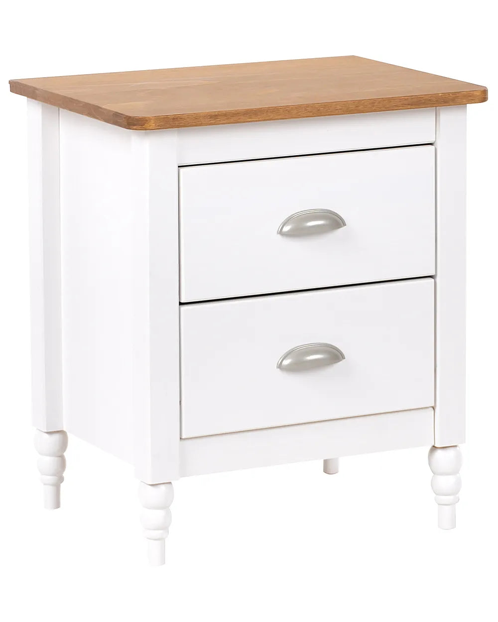 A white two-drawer nightstand with a natural wood top and silver metal drawer pulls, shown on a plain white background.