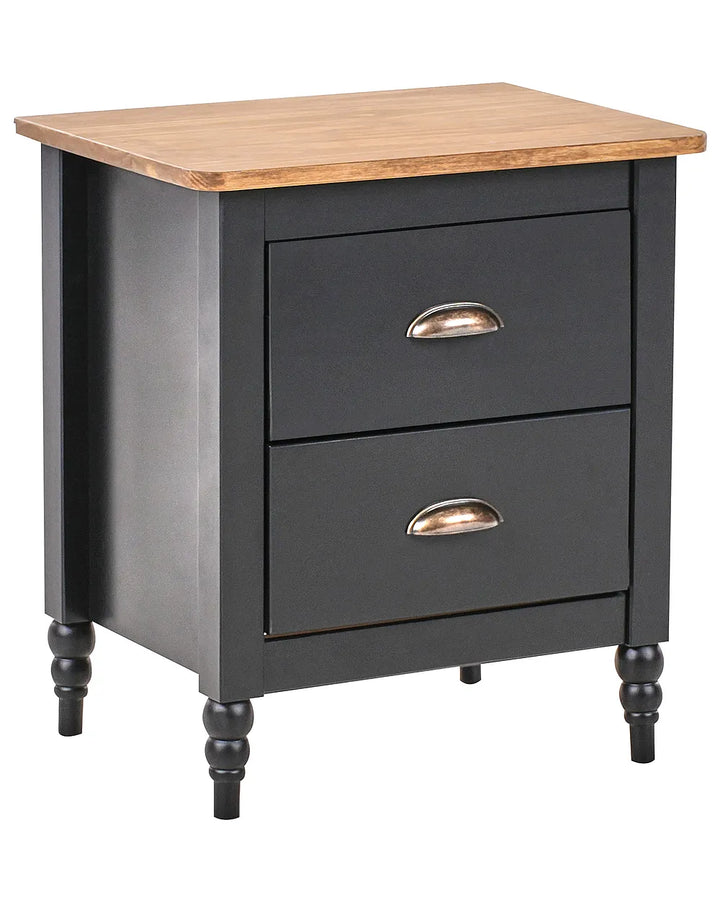 Black nightstand with two drawers and a wooden top on a white background