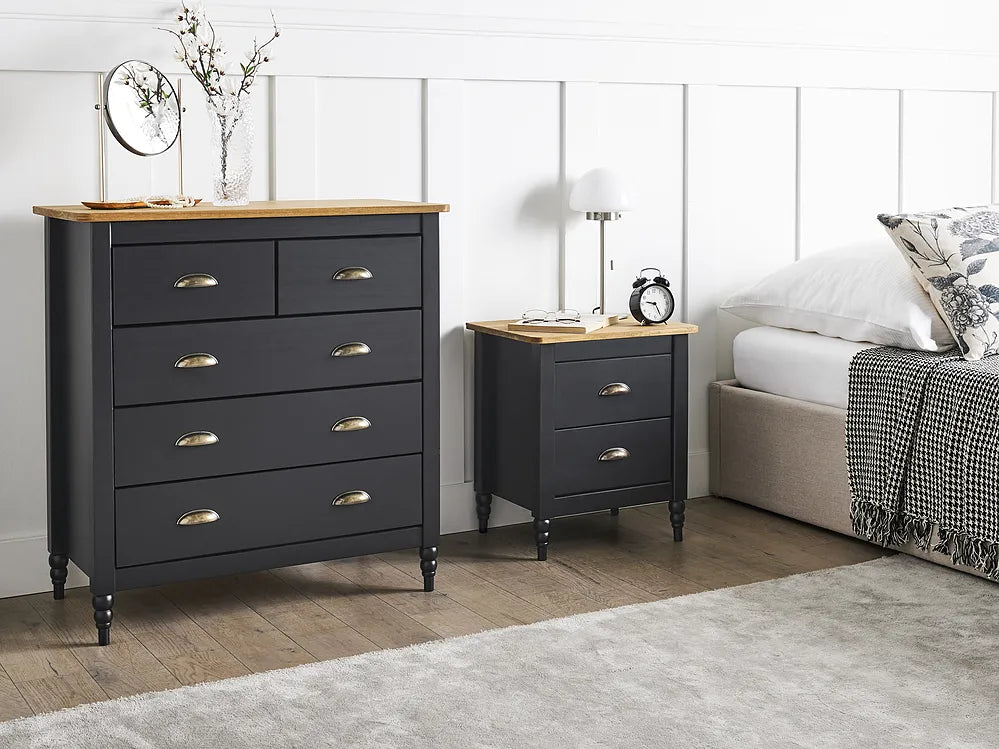 2 Drawer Bedside Table Pine Wood Brown/ Black Collynns