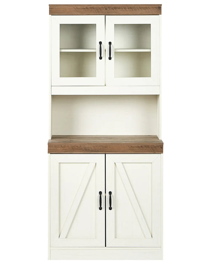 A tall white kitchen hutch cabinet with two upper glass-front doors, an open middle shelf, a wood-look countertop, and two lower paneled doors with black handles.
