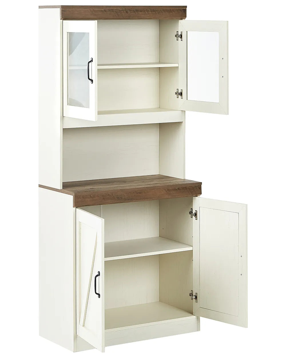 Corner cabinet with white doors and wooden shelves on a white background