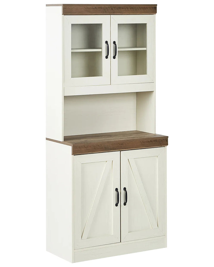 A two-tier hutch cabinet with an off-white painted finish and medium brown wood-grain top surfaces. The upper section has two glass-front doors with black handles, and the lower section has two paneled doors with diagonal X-brace details and black handles.