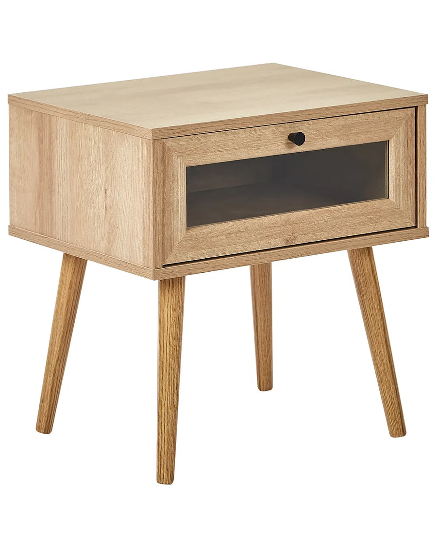 Wooden side table with a glass panel on a white background