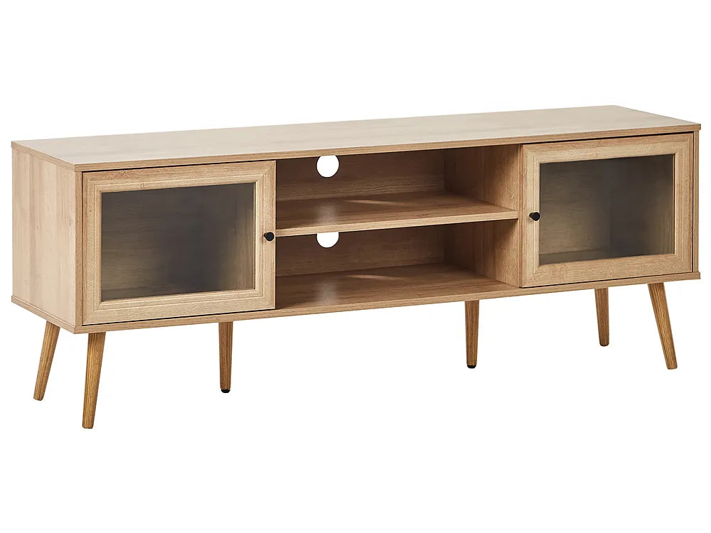 Wooden TV stand with glass panels on a white background