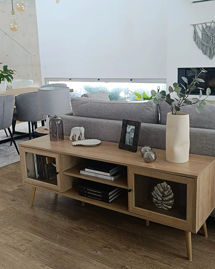 Modern living room with wooden furniture.