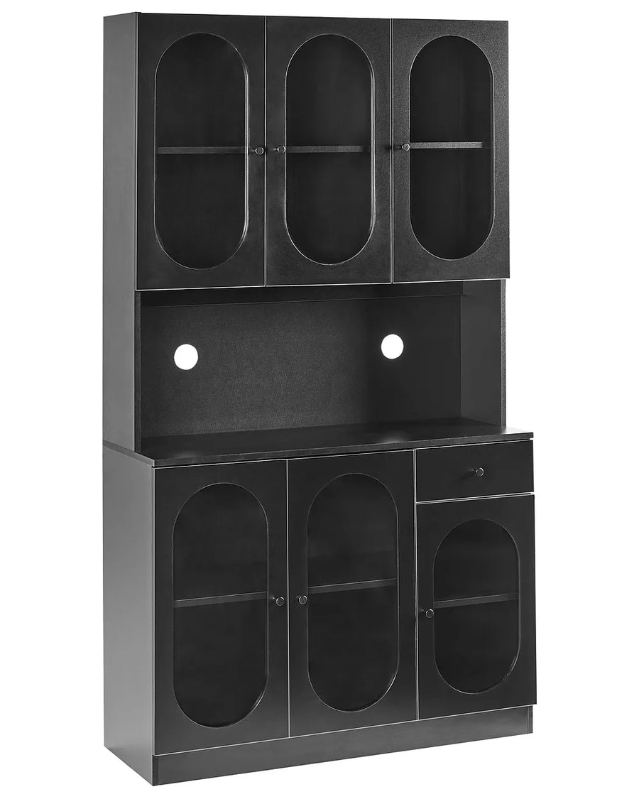 Black storage cabinet with multiple compartments on a white background