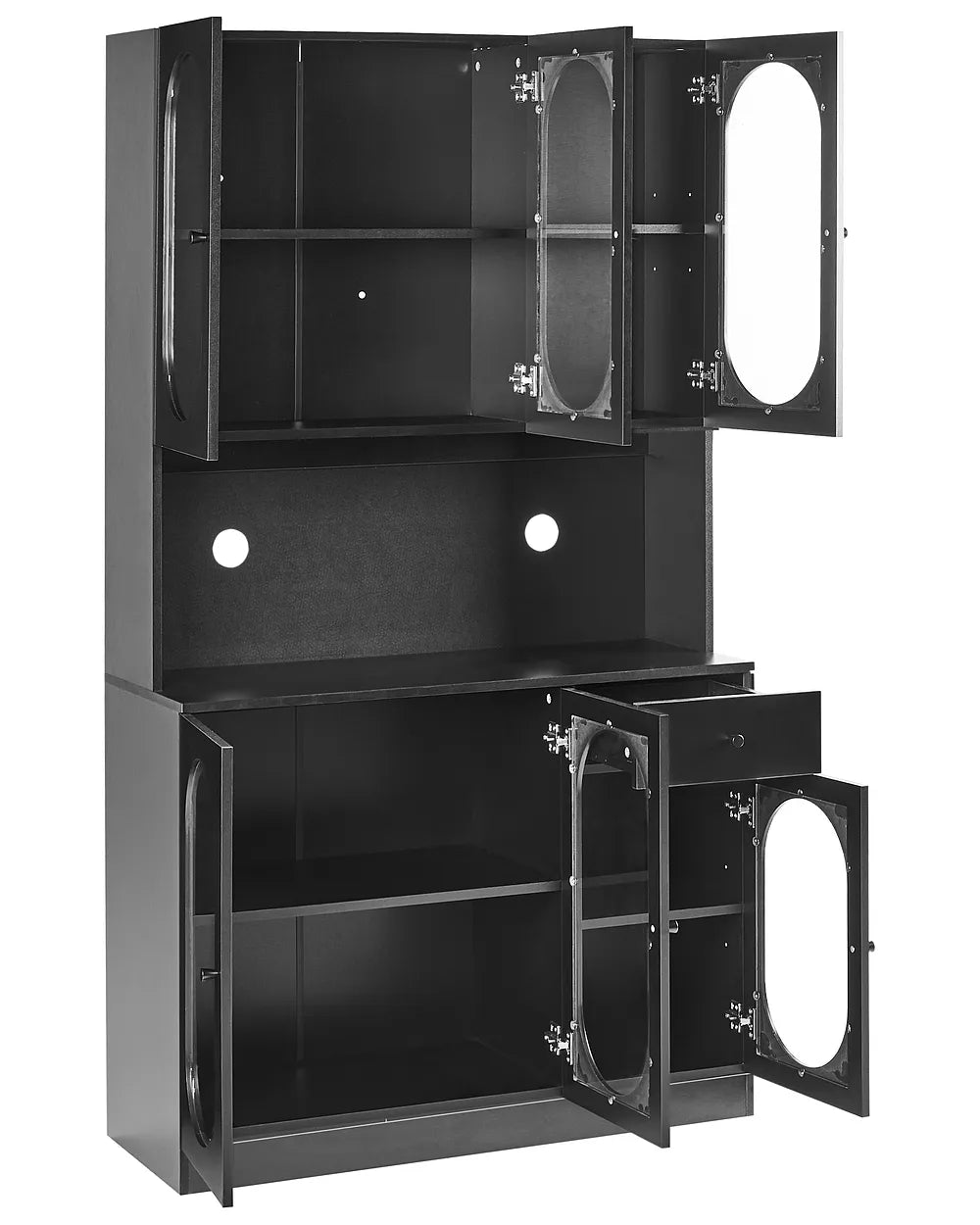 Black metal cabinet with open doors on a white background