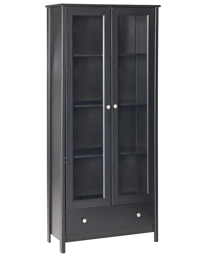 A tall black bookcase with two glass-paneled doors, interior shelves, and a lower drawer, shown on a plain white background.