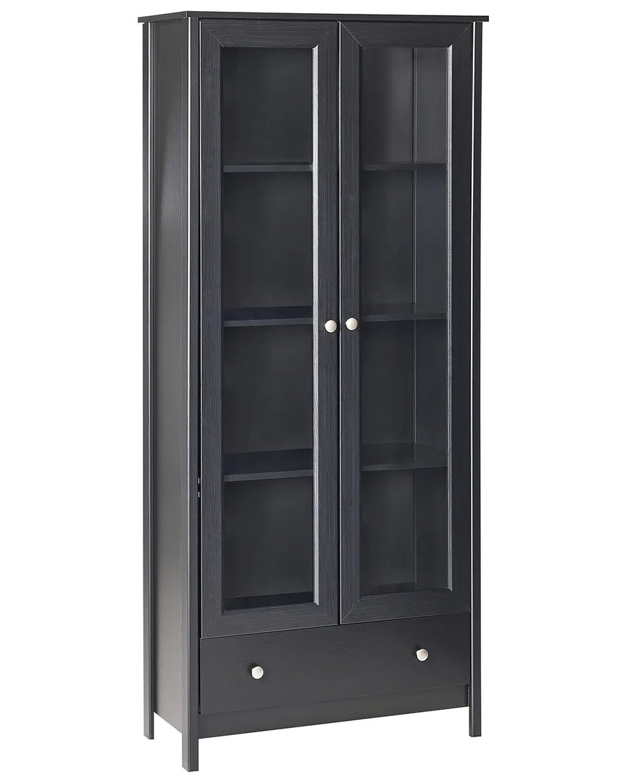A tall black bookcase with two glass-paneled doors, interior shelves, and a lower drawer, shown on a plain white background.