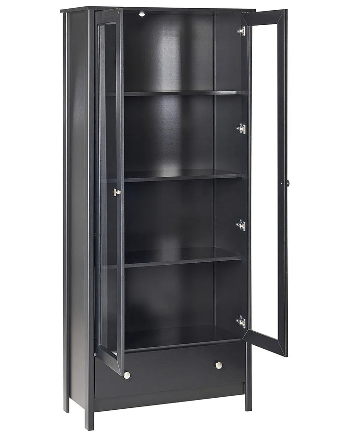 A tall black wooden display cabinet with two glass doors, one of which is open, showing three interior shelves. The cabinet has a lower drawer compartment with a pull handle and is photographed against a plain white background.