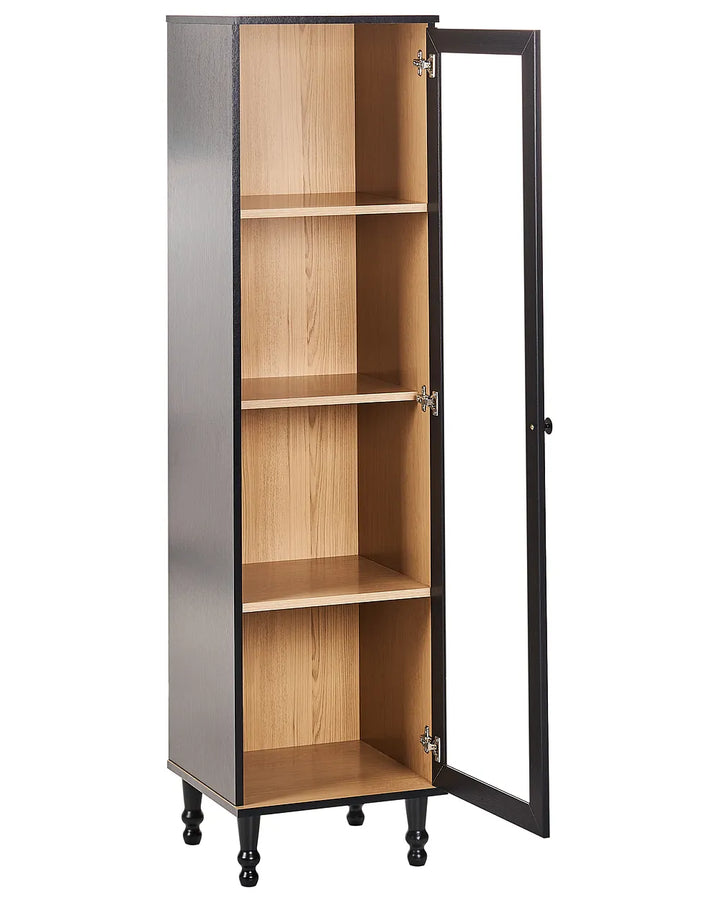 Tall wooden cabinet with glass door on a white background