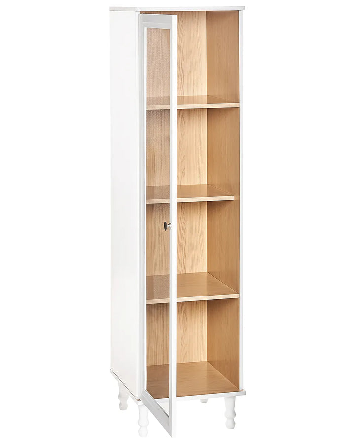Tall white cabinet with wooden shelves on a white background
