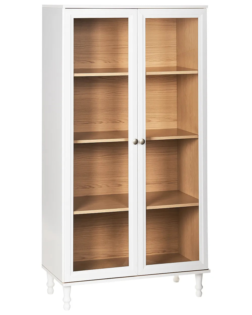 White cabinet with glass doors featuring wooden interior shelves on a white background