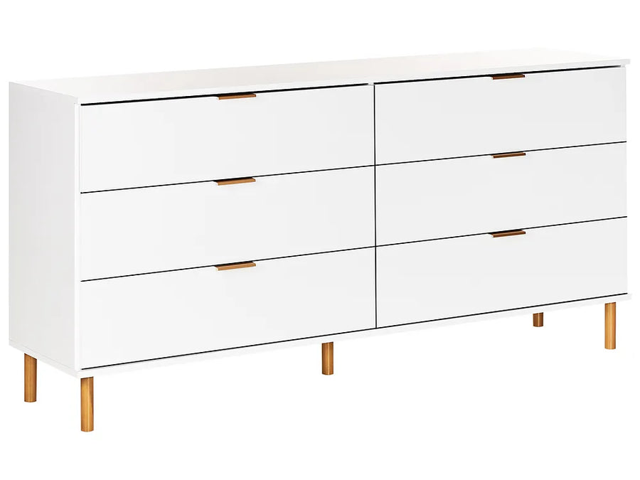 A modern white six-drawer dresser with slim gold-toned metal drawer pulls and light wood legs, shown against a plain white background.