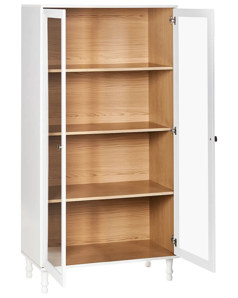 A tall white bookcase cabinet with two glass doors shown open, revealing four light wood shelves inside.