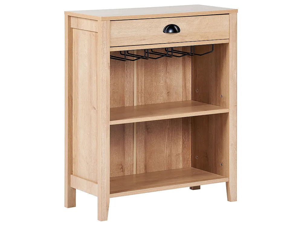 Wooden side table with a drawer and shelf on a white background