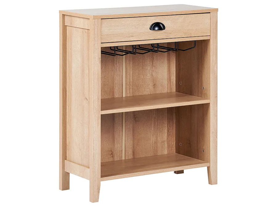 Wooden side table with a drawer and shelf on a white background