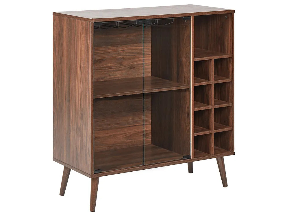 A mid-century modern wooden cabinet with a warm brown finish, featuring glass sliding doors on the left and open shelving and wine bottle storage on the right, supported by tapered legs.