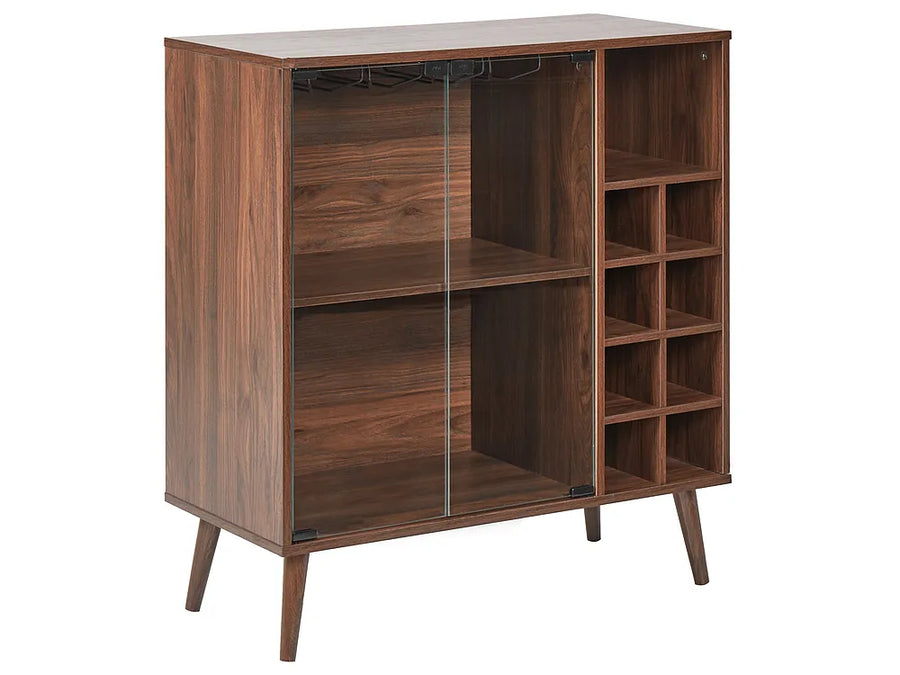 A mid-century modern wooden cabinet with a warm brown finish, featuring glass sliding doors on the left and open shelving and wine bottle storage on the right, supported by tapered legs.