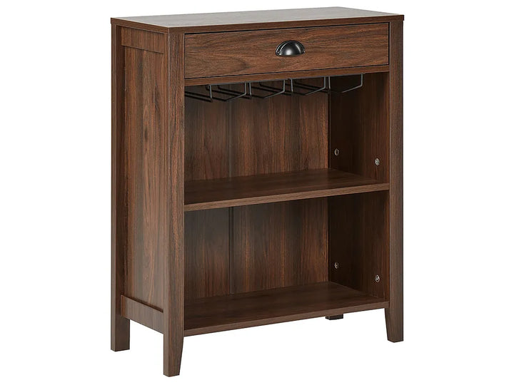 A dark brown wooden entryway console or shoe rack with a single drawer, two open shelves, and a black metal wine rack mounted inside the top shelf.