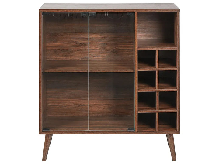 A mid-century modern wooden cabinet with a dark brown wood grain finish, featuring two glass doors on the left, open shelves in the center, and a wine bottle rack on the right, supported by tapered legs.