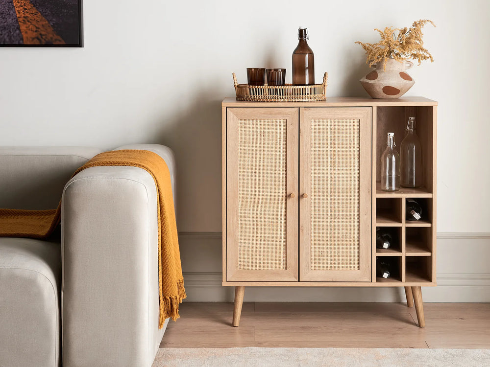 Wooden cabinet with shelves and decorative items in a living room setting
