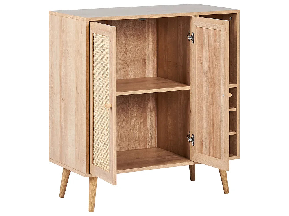A mid-century modern wooden side cabinet with two doors, one open to show the interior shelving, on a solid white background.