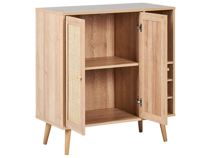 A mid-century modern wooden side cabinet with two doors, one open to show the interior shelving, on a solid white background.