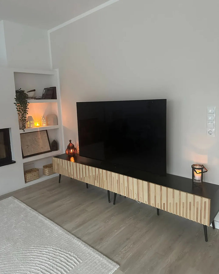 Light wood entertainment unit with shelving