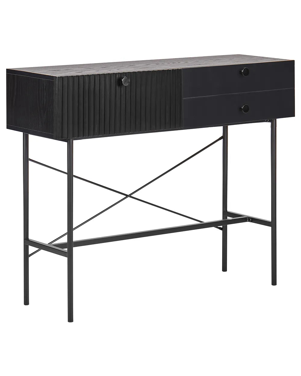 A modern black console table featuring a textured wood-grain top, a slatted cabinet door, two drawers on the right, and a slim metal frame with crisscrossing support legs.