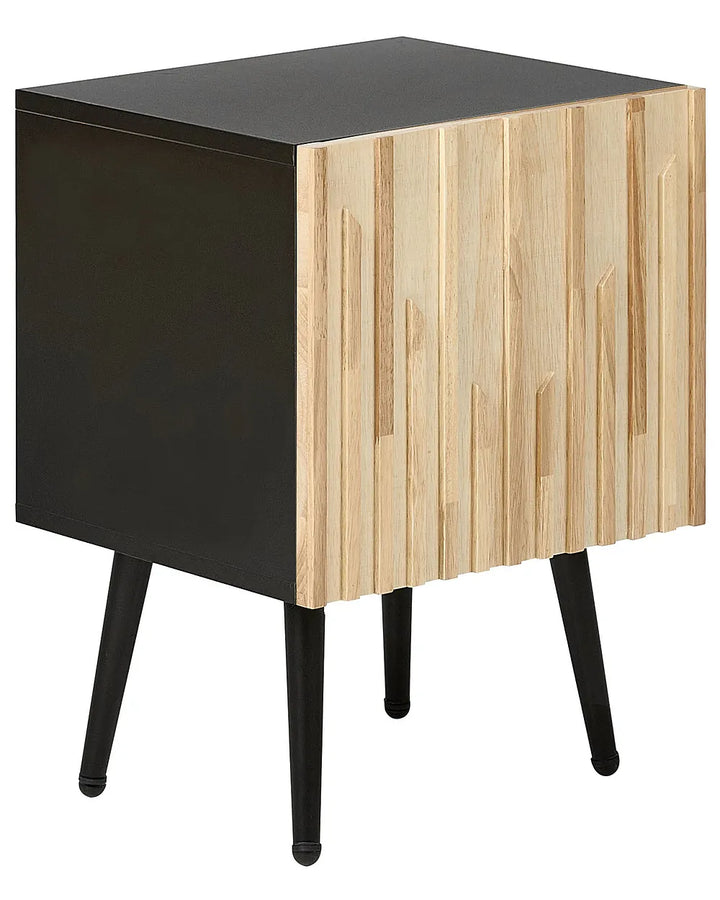 Side table with black top and wooden side on a white background