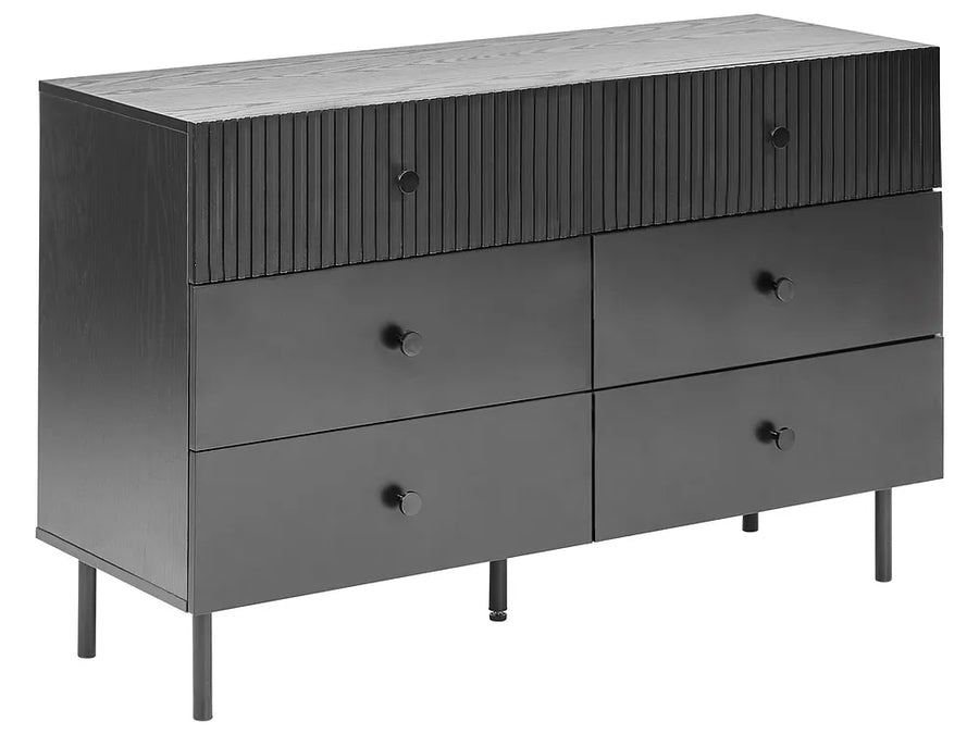 Gray dresser with four drawers on a white background