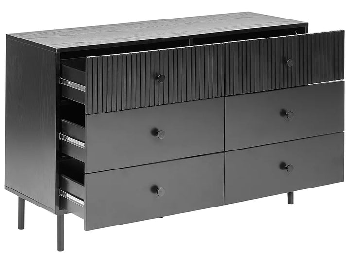 A modern black dresser with a slatted front on the top two drawers, three open drawers on the left, and two closed drawers on the right, shown on a white background.