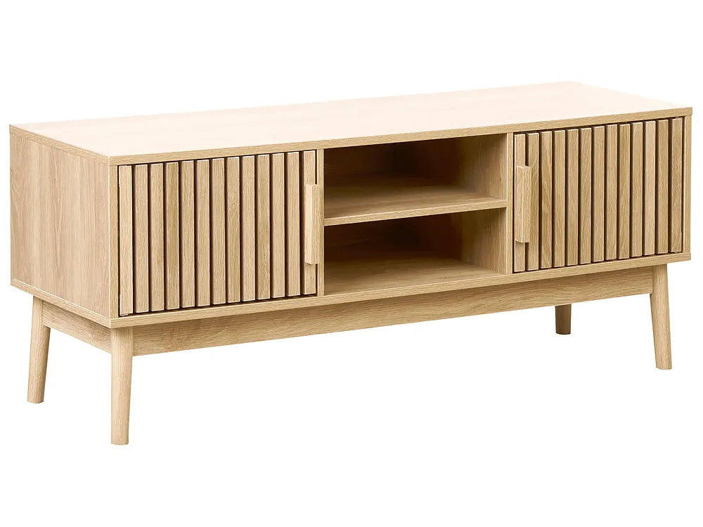 Wooden TV stand with slatted doors on a white background