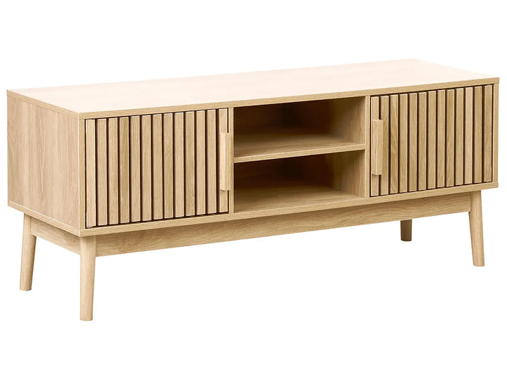 Wooden TV stand with slatted doors on a white background