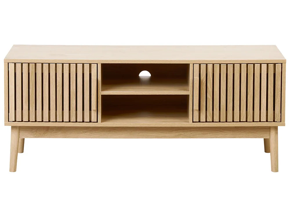 Wooden TV stand with slatted design on a white background
