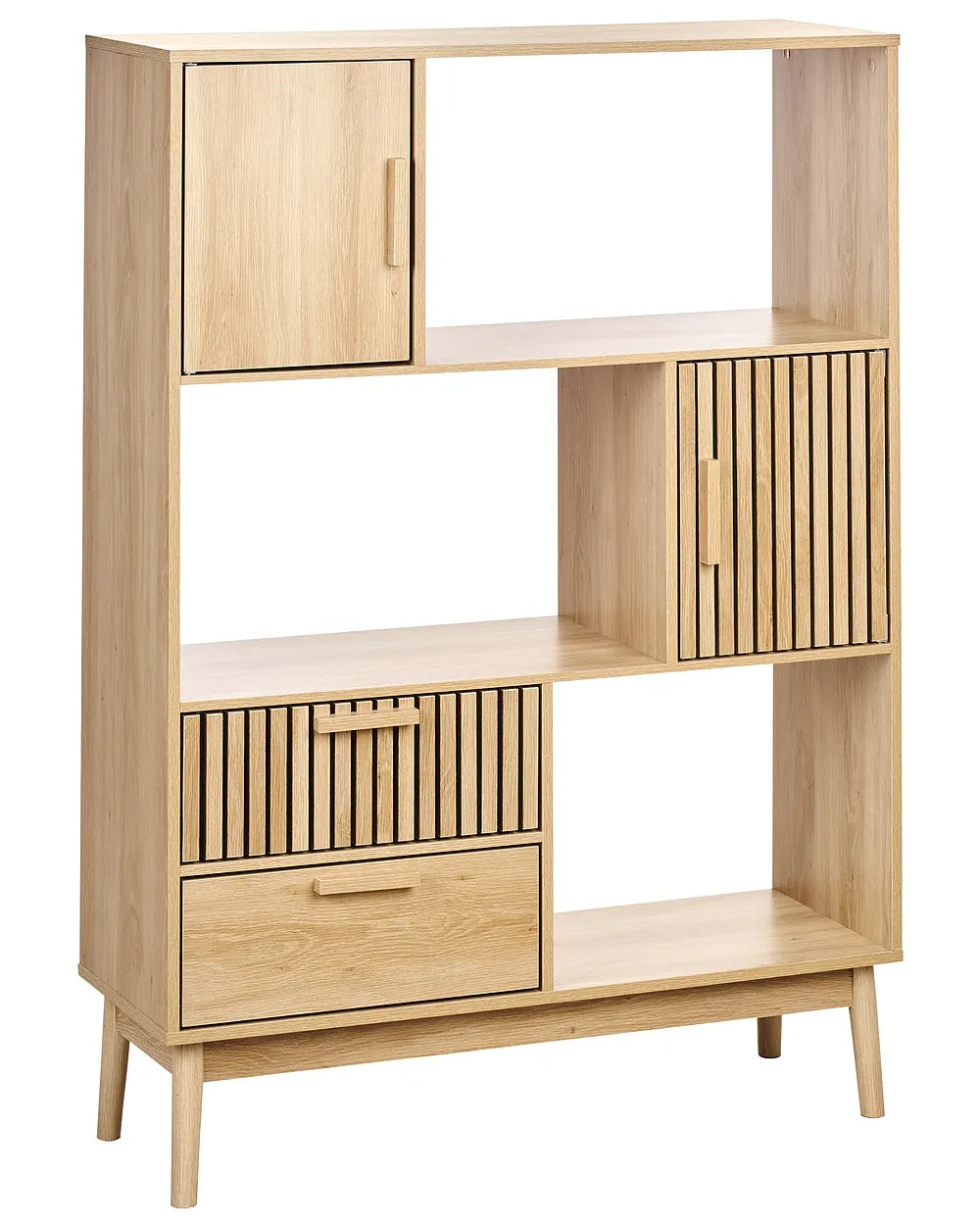 A mid-century modern wooden storage cabinet with a light oak finish, featuring a single door, slatted door compartments, and a drawer on a white background.