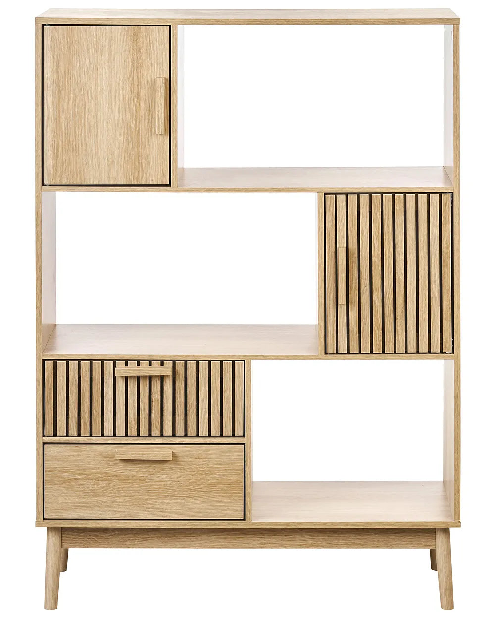 A mid-century modern wooden storage cabinet with a light oak finish, featuring a single door, slatted drawer fronts, open shelves, and tapered legs, shown against a plain white background.