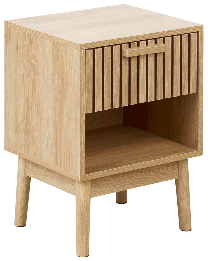 Wooden side table with a drawer on a white background