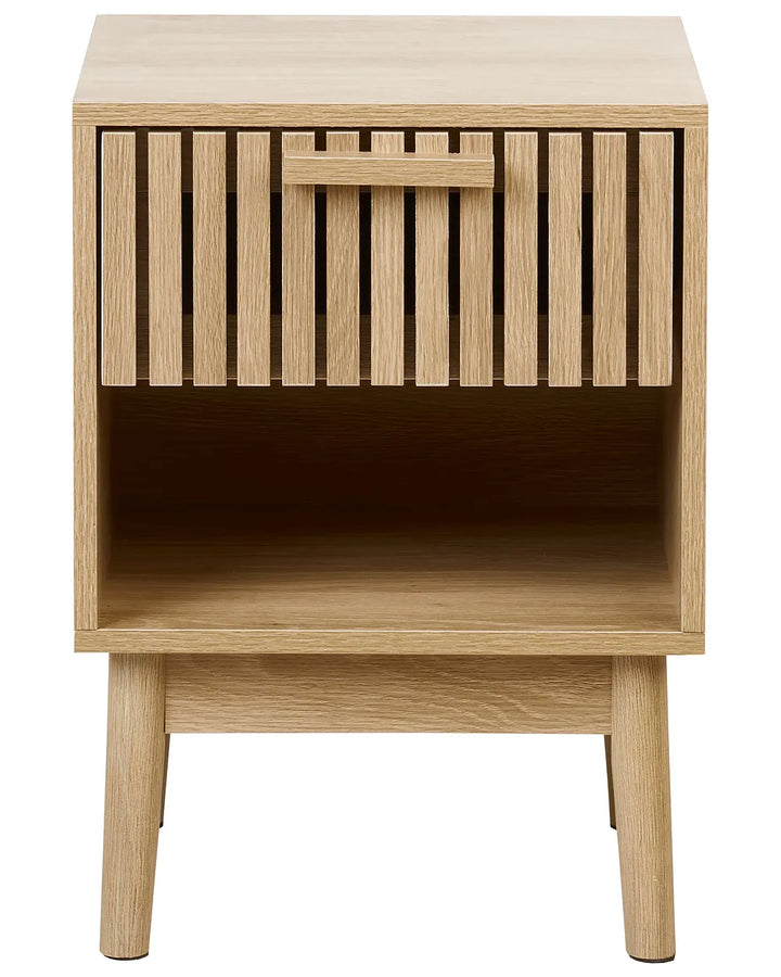 Wooden side table with slatted design on a white background