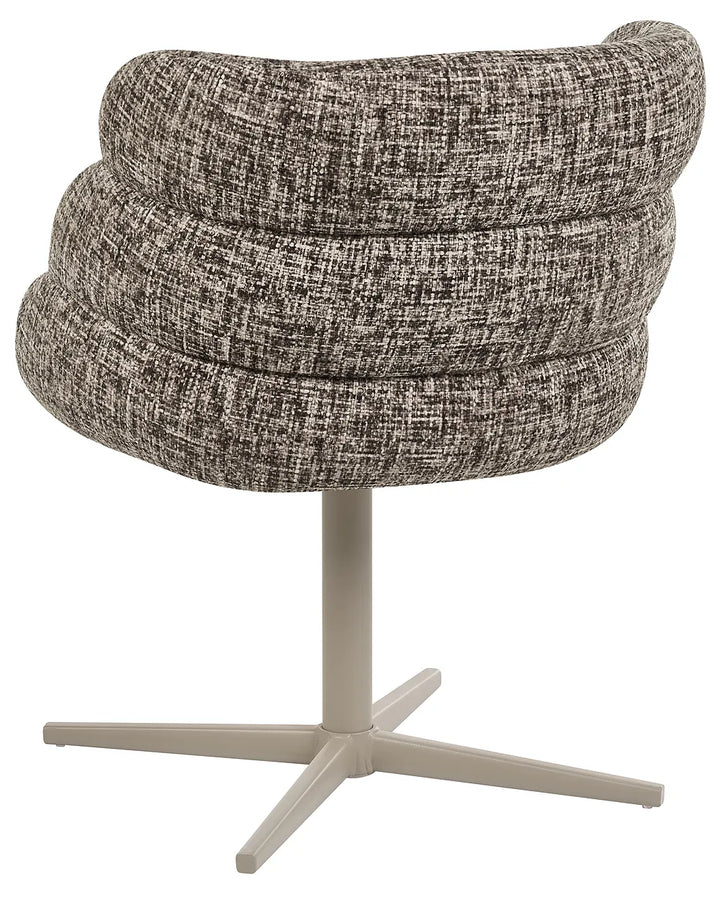 A modern swivel chair with a textured, ribbed boucle-style upholstered seat and a light gray four-star pedestal base, shown against a plain white background.