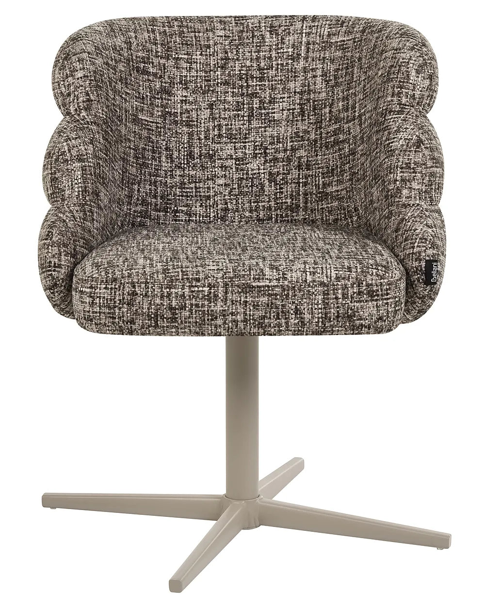 A modern swivel accent chair with a textured, woven boucle-style upholstered seat and curved backrest, supported by a light beige four-star pedestal base.