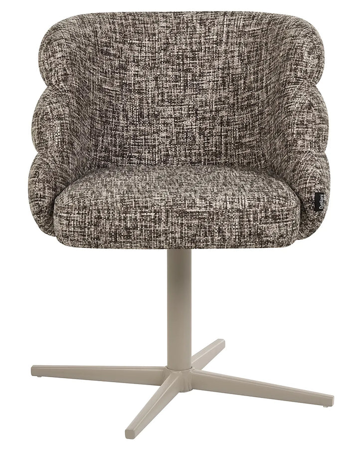 A modern swivel accent chair with a textured, woven boucle-style upholstered seat and curved backrest, supported by a light beige four-star pedestal base.