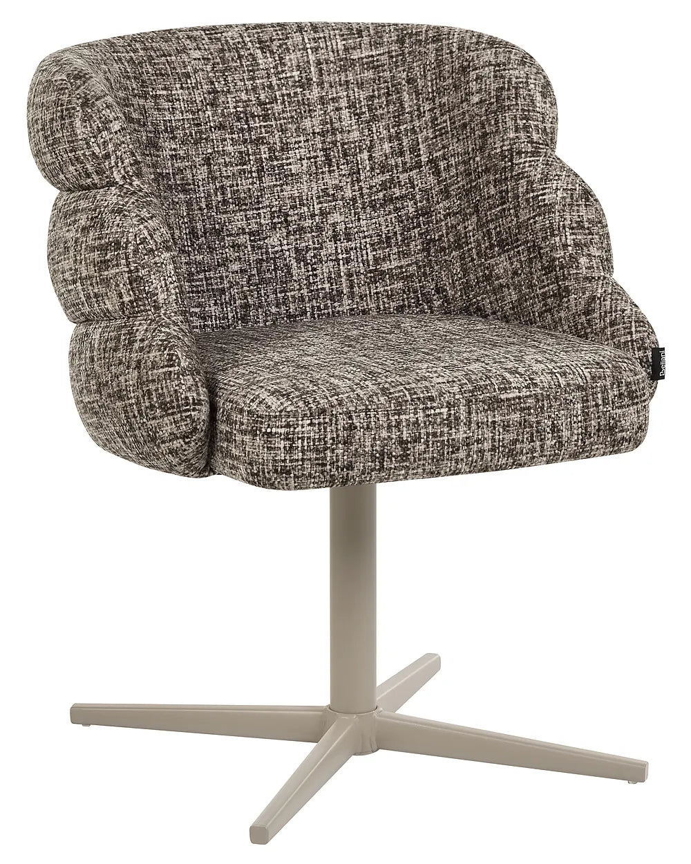 A modern swivel accent chair with a textured gray and beige boucle fabric upholstery and a light gray four-star base, shown against a plain white background.